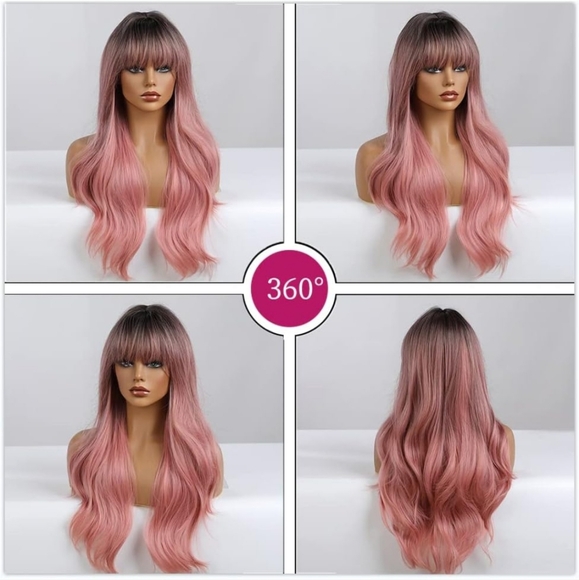 24"Women Synthetic Wigs Long Wavy Ombre Pink with Fluffy Air Bangs - Picture 5 of 5